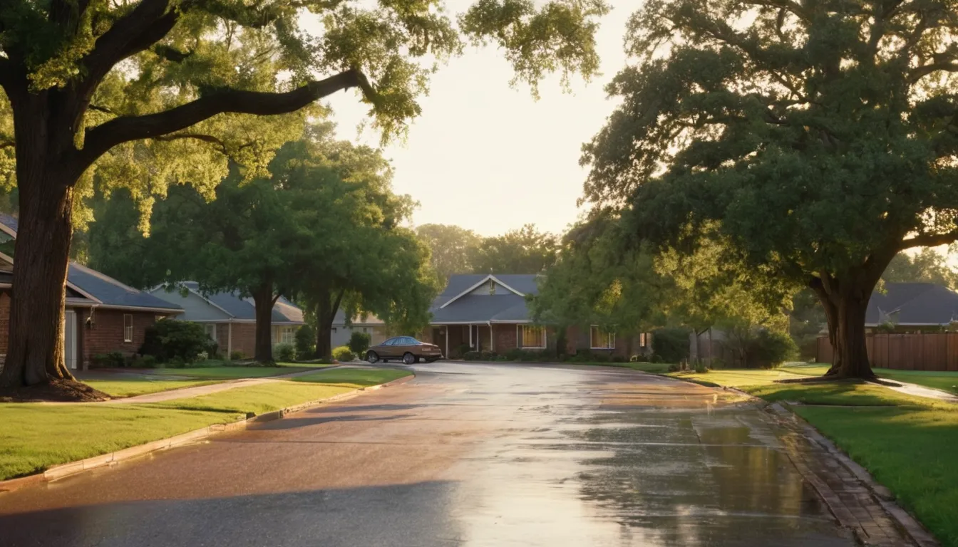 A neighborhood street in the Denton area lined with mature shade trees